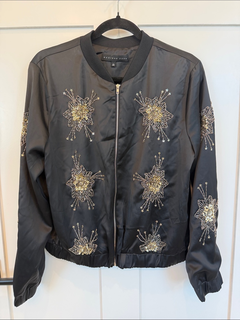Endless Rose Black Bomber Jacket with Gold Sequin Starburst Embroidery